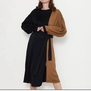 Zara Black and Brown Asymmetrical Tie Front Sheath Dress